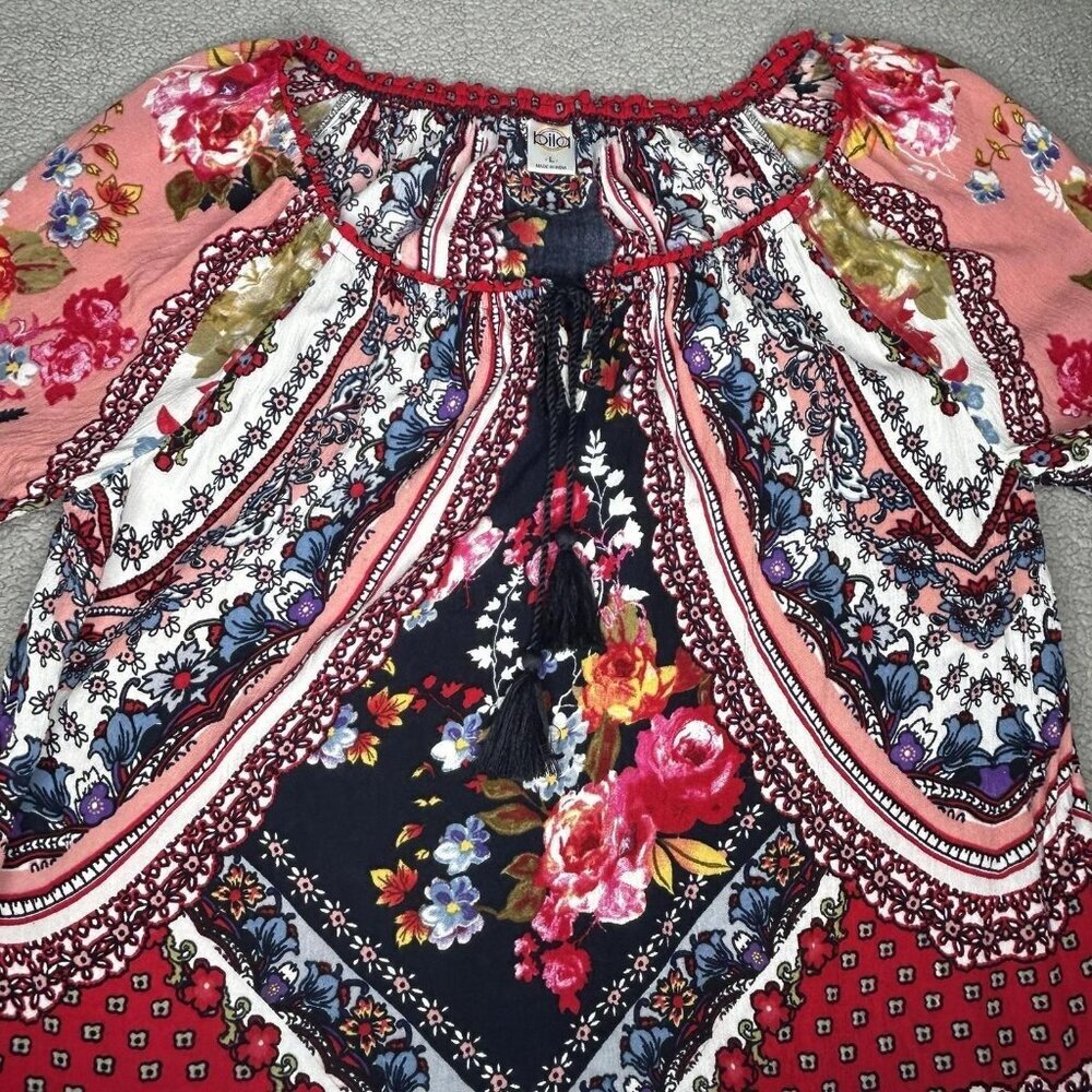 Bila Blouse Womens Large Boho Peasant Top Floral Patchwork Tassel Tie 3/4 Sleeve